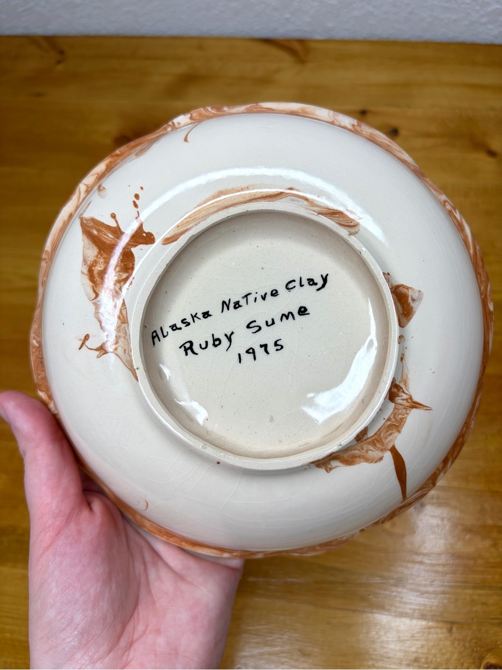 Vintage 1975 Alaskan Native Clay Pottery Bowl Ceramic Marble Cream and Brown - Picture 5 of 6